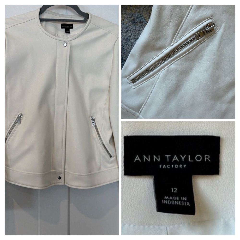 Ann Taylor Factory Cream Faux Leather Zip Pocket Jacket